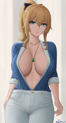 1girls belly_button big_breasts blonde_hair blouse blue_eyes breasts cleavage collar eyelashes eyeliner female female_only genshin_impact jean_gunnhildr large_breasts lipstick long_hair looking_at_viewer makeup necklace open_shirt pants ponytail shirt solo solo_female zaphn rating:Questionable score:283 user:dedc23