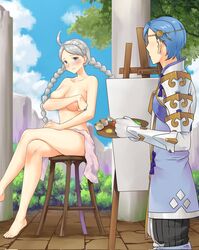 1boy 1girls alternate_breast_size bare_legs big_breasts blue_eyes blush blushing braid breasts clothed_male clothed_male_nude_female clothed_on_nude completely_naked completely_nude completely_nude_female covering covering_breasts covering_self crossed_legs embarrassed embarrassed_nude_female female fire_emblem fire_emblem_fates grey_hair igni_tion large_breasts light-skinned_female light-skinned_male light_skin long_hair modeling naked naked_female nina_(fire_emblem) nintendo nude nude_female nude_model nude_modeling on_chair only_one_naked painting shigure_(fire_emblem) silver_hair sitting smile towel twin_braids twintails rating:Questionable score:37 user:Hyunkel