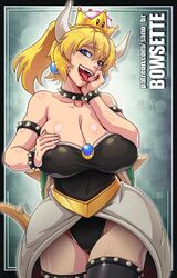 armband big_breasts blonde_hair blue_eyes bowsette bracelet breasts choker cleavage clothed female fully_clothed looking_at_viewer mario_(series) new_super_mario_bros._u_deluxe nintendo open_mouth sano-br sharp_teeth smile solo spiked_armlet spiked_bracelet spiked_collar super_crown tail thick_thighs thighhighs tongue_out wide_hips rating:Questionable score:191 user:usernam34