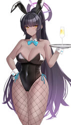 1girls 2021 absurdres animal_ears bangs black_hair black_leotard blue_archive blush bow bowtie breasts cleavage closed_mouth cocktail_glass covered_navel cup curvy dark-skinned_female dark_skin detached_collar drinking_glass earrings female female_focus female_only fishnet_legwear fishnets groin halo hand_on_hip high_ponytail highres holding holding_tray jewelry kanta_(kanta_077) karin_(blue_archive) karin_(bunny)_(blue_archive) large_breasts leotard long_hair millennium_science_school_student playboy_bunny pout rabbit_ears solo solo_female solo_focus tray very_long_hair wrist_cuffs yellow_eyes rating:Questionable score:105 user:St1rolvamp3ler