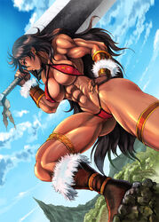 1girls abs amazonian ass ass_visible_through_thighs barbarian berserk biceps big_breasts big_sword bikini black_hair breasts brown_boots brown_hair casca_(berserk) cleavage confident dark-skinned_female dark_skin day daytime dragonslayer_(sword) ear_piercing female female_only fingerless_gloves fur_trim hand_on_hip hips huge_sword long_brown_hair long_hair muscles muscular_arms muscular_female muscular_legs muscular_shoulders muscular_thighs nipple_bulge partially_visible_vulva perky_breasts petite plump_labia pussy red_bikini shopyun side_view skimpy skimpy_bikini solo solo_female sword sword_over_shoulder tan-skinned_female tan_skin thick_thighs thighlet thighs vein veiny_muscles weapon_over_shoulder rating:Questionable score:156 user:Joey_B_Good