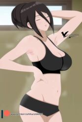 1girls agung911 armpit_fetish armpits arms_up ass black_bra black_panties booty_shorts boruto:_naruto_next_generations bra breasts brown_hair cleavage closed_eyes clothed clothing female female_focus female_only hair_bun hand_on_hip hyuuga_hanabi indoors medium_breasts naruto naruto_(series) pale-skinned_female pale_skin panties perky_breasts pinup pose posing puckered_lips short_shorts shorts shounen_jump sideboob solo solo_female solo_focus sports_bra sweat sweatdrop sweating tied_hair underwear voluptuous window rating:Questionable score:160 user:slimysuko