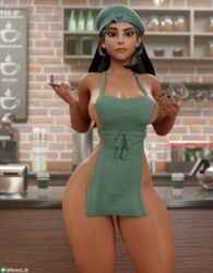 1girls 3d ana_amari apron beret big_breasts breasts coffee_shop dark-skinned_female female female_only iced_latte_with_breast_milk meme naked_apron nemesis_3d overwatch standing tattoo thick_thighs thighs rating:Explicit score:179 user:Nemesis_3d