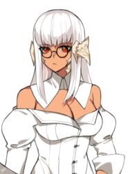 au_ra cleavage dark-skinned_female dark_skin drip female female_focus female_only final_fantasy final_fantasy_xiv glasses horns lilycious looking_at_viewer looking_to_the_side loose_clothes oc raen red_eyes round_glasses scales tagme two_tone_hair white_background white_clothing white_hair white_shirt rating:Questionable score:9 user:CalZone