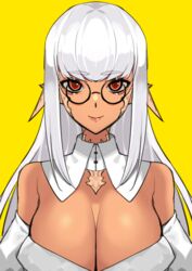 au_ra bangs cleavage dark-skinned_female dark_skin female female_focus female_only final_fantasy final_fantasy_xiv glasses horns large_breasts lilycious looking_at_viewer looking_to_the_side loose_clothes oc raen red_eyes round_glasses scales tagme two_tone_hair white_background white_clothing white_hair white_shirt rating:Questionable score:21 user:CalZone