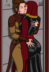 2017 2girls against_wall artist_name ass ass_grab bastila_shan belt black_clothing breasts brown_clothing brown_hair closed_eyes clothed clothing consensual dress duo female female_only groping hugging human human_only jedi kaywest kiss knights_of_the_old_republic knights_of_the_old_republic_2 light-skinned_female light_skin long_hair medium_breasts nail_polish nails pants red_clothing sith standing star_wars star_wars_legends tied_hair vambraces veil visas_marr yuri rating:Questionable score:178 user:AlexSkullUterna