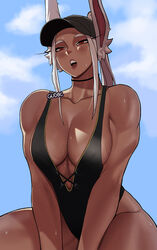 1girls baseball_cap big_breasts breasts cleavage dark-skinned_female dark_skin eye_contact female fully_clothed gud0c hat long_hair looking_at_viewer miruko muscular_female my_hero_academia one-piece_swimsuit red_eyes rumi_usagiyama solo sweat swimsuit thick_thighs thighs toned_female upper_body white_hair rating:Safe score:521 user:Bikuta69