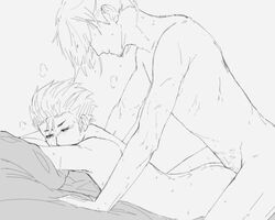  asanoya azumane_asahi gay gay_sex haikyuu!! hair_over_eyes hand_on_bed laying_down laying_on_bed laying_on_stomach nishinoya_yuu yaoi  rating:explicit score: user:nishi_noya