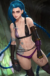 1girls adapted_costume arcane arcane_jinx arm_tattoo artist_name asymmetrical_bangs bangs blue_hair braid breasts cleavage cloud_tattoo cum_drip explosive female female_only fingerless_gloves freckles gloves grenade jinx_(league_of_legends) league_of_legends light-skinned_female light_skin looking_at_viewer neoartcore pale-skinned_female pale_skin panties pink_eyes purple_panties riot_games small_breasts solo standing stomach_tattoo striped striped_panties tattoo tears thigh_gap thighhighs twin_braids underwear watermark rating:Safe score:361 user:StepBro123