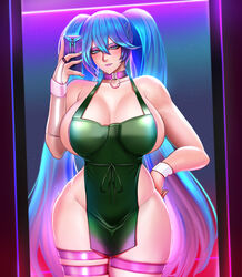 1girls 2021 alternate_version_available apron badcompzero big_breasts blue_hair breasts busty colorful_hair exaggerated_anatomy female female_only green_apron hand_on_hip hand_on_own_hip holding_phone huge_breasts huge_breasts large_breasts league_of_legends long_twintails mirror mirror_selfie naked_apron selfie simple_background solo solo_female sona_buvelle thick thick_thighs thigh_strap thighhighs thighs twintails voluptuous rating:Questionable score:155 user:St1rolvamp3ler