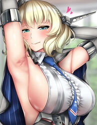 1girls aqua_eyes armpits arms_up big_breasts blonde_female blonde_hair blouse blush breasts cape collared_blouse collared_shirt colorado_(kantai_collection) curly_hair elbow_gloves eyelashes eyeliner female female_only frills gloves headgear heart hi_res kantai_collection kome_cola lipstick long_gloves looking_at_viewer makeup medium_hair necktie shirt short_hair sideboob sleeveless sleeveless_shirt smile solo upper_body rating:Questionable score:53 user:deleted6942