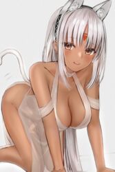 1girls 2020 absurdres all_fours animal_ears azur_lane bangs bare_shoulders blush breasts cat_ears cat_tail center_opening cleavage dark-skinned_female dark_skin dress efuri_(riarea00) facial_mark fake_animal_ears fake_tail female female female_focus female_only forehead_mark halter_dress halterneck highres jewelry large_breasts long_hair looking_at_viewer massachusetts_(azur_lane) massachusetts_(dressed_to_impress)_(azur_lane) native_american see-through sleeveless sleeveless_dress solo solo_female solo_focus tail thighlet white_dress white_hair rating:Questionable score:125 user:St1rolvamp3ler