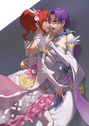 2girls after_kiss alternate_costume anna_(fire_emblem) anna_(fire_emblem)_(gba) areolae back back_view bare_back bare_shoulders bride covered_nipples dress elbow_gloves eye_contact face-to-face female_only fingering fingering_partner fire_emblem fire_emblem:_the_binding_blade fire_emblem_heroes flower gloves hair_flower hair_ornament highres juno_(bridal)_(fire_emblem) juno_(fire_emblem) kissing large_breasts long_hair looking_at_another medium_hair multiple_girls nintendo official_alternate_costume open_mouth oral ponytail purple_eyes purple_hair pussy_juice pussy_juice_stain red_eyes red_hair saliva saliva_string saliva_trail side_ponytail skirt smile vaginal_penetration wedding_dress wet_pussy white_dress yuri zero_a rating:Explicit score:117 user:kris923