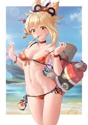 1girls beach bikini blonde_hair breasts chernyyvo chest_tattoo choker cleavage female female_only genshin_impact medium_breasts orange_bikini smile string_bikini swimsuit tattoo untied_bikini yellow_eyes yoimiya_(genshin_impact) rating:Questionable score:214 user:Monalicious