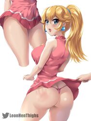 1boy 1girls alternate_breast_size artist_logo ass ass_cleavage big_ass big_breasts blonde_hair blue_eyes blue_ribbon blush breasts butt_crack earrings female large_breasts leonart mario_(series) mario_tennis nintendo pale-skinned_female panties pink_dress pink_panties ponytail princess_peach pulling_up_dress skirt_lift spank_marks thick_thighs thighs thong white_background widescreen rating:Explicit score:234 user:Bikuta69