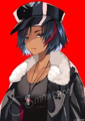 black_clothing black_hair brown_eyes cap cleavage dark-skinned_female dark_skin female female_focus female_only fur_collar hat lilycious looking_at_viewer looking_to_the_side necklace oc officer_cap red_hair two_tone_hair vial rating:Questionable score:18 user:CalZone