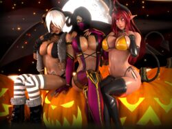 3d 3girls adeptusinfinitus angel_(kof) big_breasts bikini black_hair blender boots brown_skin choker cleavage crossover demon_tail elbow_gloves female female_only fur_coat glowing_eyes halloween horns jack-o'-lantern king_of_fighters legs mask midriff mileena monster_girl moon mortal_kombat original_character pubic_tattoo pumpkin red_hair seductive sinia sitting succubus succubus_horns succubus_tail tail tattoo thighhighs thighs white_hair rating:Questionable score:236 user:AdeptusInfinitus