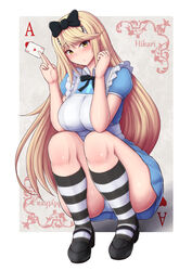 1girls ace_of_hearts alice_in_wonderland alice_in_wonderland_(1951_film) alice_liddell_(cosplay) alternate_costume ass bangs black_shoes blonde_hair blue_dress blue_skirt blush bow bow_in_hair bowtie breasts collared_dress colored core_crystal cosplay crystal disney exposed_panties female frills frilly_clothing gem hair_ornament hair_ribbon holding_card holding_object large_ass large_breasts long_hair long_socks looking_at_viewer mythra nintendo panties playing_card ponpo striped_socks swept_bangs tagme thick_thighs thighs xenoblade_(series) xenoblade_chronicles_2 yellow_eyes rating:Questionable score:175 user:zoomzoomomega