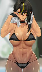 abs asymmetrical_hair bangs bare_arms bare_legs bare_midriff bare_shoulders bare_thighs beauty_mark belly_button big_breasts black_bra black_gloves black_hair bra choker cleavage dark-skinned_female dark_elf dark_hair dark_skin elf elf_ears elf_female fangs female female_focus female_only gloves hair_between_eyes hair_over_one_eye hand_in_pocket large_breasts lilith_(lilycious) lilycious long_hair looking_at_viewer mole mole_on_breast mole_on_thigh mole_under_mouth multicolored_hair nipple_bulge oc open_clothes pointy_ears red_eyes side_view sideboob solo solo_female solo_focus tagme toned toned_body toned_female toned_stomach underboob underwear wet wet_hair wet_panties yellow_eyes yellow_hair rating:Questionable score:133 user:CalZone