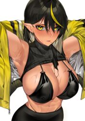 abs armpits arms_behind_head asymmetrical_hair bangs bare_arms bare_midriff bare_shoulders beauty_mark belly_button big_breasts bikini_top black_bikini black_bra black_gloves black_hair black_legwear blush blush_lines bra breast_focus choker cleavage dark-skinned_female dark_elf dark_hair dark_skin elf elf_ears elf_female fangs female female_focus female_only gloves hair_between_eyes hair_over_one_eye hand_in_pocket high_resolution highres large_breasts lilith_(lilycious) lilycious long_hair looking_at_viewer mask mask_removed mole mole_on_breast mole_on_thigh mole_under_mouth multicolored_hair nipple_bulge nipples_visible_through_clothing oc open_clothes pointy_ears shirt_up side_view sideboob six_pack solo solo_female solo_focus steaming_body tagme toned toned_body toned_female toned_stomach underboob underwear virgin_killer_sweater wet wet_armpit wet_hair wet_panties yellow_clothing yellow_eyes yellow_hair rating:Questionable score:214 user:CalZone