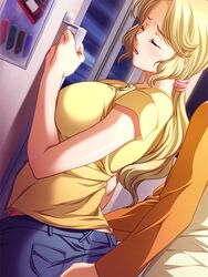 ass ass_grab blonde_hair chikan chikan_circle chikan_circle_3 clothing forced game_cg groping jeans long_hair molestation ponytail t-shirt tied_hair train train_interior rating:Explicit score:35 user:bot