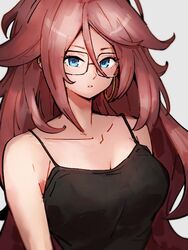 1girls android_21 android_21_(human) blue_eyes breasts brown_hair collarbone dragon_ball dragon_ball_fighterz earrings glasses kemachiku long_hair solo solo_female tank_top rating:Questionable score:95 user:ArtBro