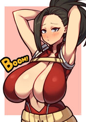 1girls armpits arms_up big_breasts black_hair blush breasts coffeelove68 eye_contact female hero_outfit_(mha) huge_breasts large_breasts long_hair looking_at_viewer momo_yaoyorozu my_hero_academia ponytail shounen_jump solo thick rating:Questionable score:370 user:Bikuta69