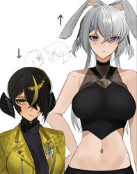 au_ra bangs bare_arms bare_midriff bare_shoulders belly_button big_breasts black_hair black_legwear black_skirt bunny_ears clothed clothing dark-skinned_female dark_elf dark_hair dark_skin elf elf_ears elf_female female female_focus female_only final_fantasy final_fantasy_xiv hair_between_eyes hair_over_one_eye height_difference horn horned_humanoid horns large_breasts lilith_(lilycious) lilycious long_sleeves looking_at_viewer midriff_baring_shirt mole mole_under_mouth multicolored_hair open_clothes pointy_ears purple_eyes see-through_clothing short_hair tagme taller_girl viera white_hair xaela yellow_eyes yellow_hair rating:Questionable score:48 user:CalZone