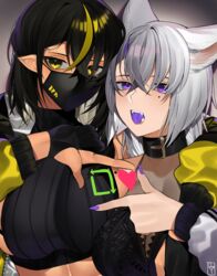 2021 2girls armpits bangs bare_arms bare_midriff bare_shoulders belly_button belt_collar big_breasts black_bra black_gloves black_hair black_legwear black_skirt cat_ears catgirl cleavage clothed clothing dark-skinned_female dark_elf dark_hair dark_skin elf elf_ears elf_female fangs female female_focus female_only fingerless_gloves fingernails floral_print gloves hair_between_eyes hair_over_one_eye large_breasts lilith_(lilycious) lilycious long_sleeves looking_at_viewer mask masked masked_female midriff_baring_shirt mole mole_under_eye mole_under_mouth multicolored_hair oc open_clothes pointy_ears purple_eyes purple_fingernails purple_tongue retweet_icon see-through_clothing short_hair sideboob tagme tongue tongue_out twitter white_hair yellow_eyes yellow_hair rating:Questionable score:54 user:CalZone