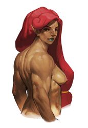 1girls bare_back big_nose blue_lipstick breasts breath_of_the_wild brown_skin bust gerudo long_hair looking_back muscles muscular muscular_female nipples pointy_ears proofspice red_hair small_breasts solo the_legend_of_zelda thick_eyebrows tied_hair topless urbosa white_background rating:Explicit score:123 user:hdll