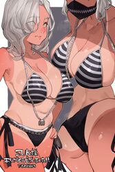 bikini cleavage curvy large_breasts makingtawawa mask striped_bikini tanline white_hair rating:Questionable score:91 user:Atreides