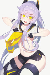 absurdres azur_lane bangs black_gloves black_shorts breasts ce-_-3 clothes_lift female gloves hair_between_eyes head_tilt high_ponytail highres long_hair looking_at_viewer medium_breasts open_mouth pepper0 purple_hair shirt shirt_lift short_sleeves shorts sidelocks siren_(azur_lane) siren_purifier_(azur_lane) smile solo thick_thighs thighhighs thighs underboob very_long_hair wet_clothes white_shirt wide-eyed wide_hips yellow_eyes rating:Questionable score:119 user:Paragon_Nyx