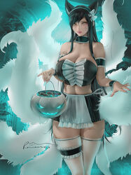 1girls 2021 ahri animal_ears black_hair breasts candy detailed_background facial_markings female female_focus female_only fluffy_ears fluffy_tail fox_ears fox_girl fox_tail halloween holding_object huge_breasts kitsune league_of_legends long_hair looking_at_viewer maid_outfit maid_uniform midriff multiple_tails rain_wzq riot_games slim_waist slit_pupils smile thick_thighs thighhighs thighs white_fur yellow_eyes rating:Questionable score:211 user:Cero_Oscuras