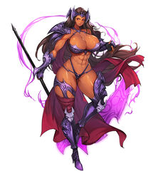 1girls armor armored_boots armored_gloves bare_midriff bare_shoulders belly_button bikini_armor bracer bracers brown_skin cape cleavage crown dark-skinned_female dark_skin eight_pack female female_focus female_only fingerless_gloves flowing_hair gloves gurimjang heel_boots heels holding_object holding_weapon large_breasts long_hair looking_to_the_side magic muscular muscular_arms muscular_female muscular_thighs pauldron purple_fire red_eyes scarf scythe six_pack solo solo_female solo_focus standing standing_on_one_leg tagme thick_thighs thin_waist toned toned_arms toned_body toned_female toned_legs toned_stomach weapon white_background rating:Questionable score:145 user:CalZone