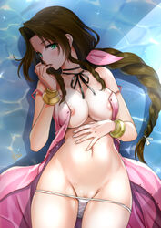 aerith_gainsborough blush bow bracelet braid breasts brown_hair cleavage dress female final_fantasy final_fantasy_vii green_eyes hairbow highres jewelry long_hair lying mitarashi_kousei nipples on_back open_clothes open_dress panties panty_pull pink_dress ponytail pussy pussy_peek ribbon single_braid solo underwear very_long_hair water white_panties rating:Questionable score:72 user:masternoobcake