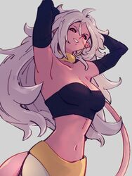 1girls android_21 armpits arms_behind_head arms_up belly_button breasts choker cleavage detached_sleeves dragon_ball dragon_ball_fighterz evil evil_grin from_below glowing_eyes kemachiku long_hair looking_at_viewer majin_android_21 medium_breasts monster_girl pink_skin pointy_ears red_eyes smiling solo solo_female tail tubetop white_hair rating:Questionable score:73 user:ArtBro