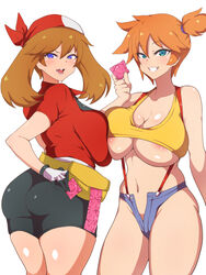 2021 2girls abs alternate_breast_size alternate_eye_color aqua_eyes ass big_breasts black_shorts brown_hair condom crop_top curvy_figure dat_ass dd_(artist) female female_only gloves huge_breasts kasumi_(pokemon) large_breasts leggings may_(pokemon) minishorts multiple_girls nintendo nipple_slip orange_hair pale-skinned_female pale_skin pokemon pokemon_rgby pokemon_rse purple_eyes shiny_skin short_hair shorts smile smiling_at_viewer smug spandex suspenders thick_thighs thighs thunder_thighs tight_clothing white_background wide_hips rating:Explicit score:321 user:Cero_Oscuras