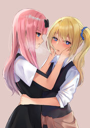 2girls :d absurdres after_kiss bangs blonde_hair blue_eyes blue_scrunchie blush blushing bow breasts clothes_around_waist collared_shirt commentary_request eyebrows_visible_through_hair female female_only from_side fujiwara_chika hair_ornament hair_scrunchie hands_on_another's_cheeks hands_on_another's_face hands_on_another's_hips hayasaka_ai heart heart-shaped_pupils highres hug human kaguya-sama_wa_kokurasetai_~tensai-tachi_no_renai_zunousen~ large_breasts long_hair long_sleeves looking_at_viewer multiple_girls one_side_up open_mouth pink_hair poisonousgas profile saliva saliva_trail school_uniform scrunchie shirt shuuchiin_academy_uniform side_ponytail sidelocks simple_background skirt smile summer_uniform sweater sweater_around_waist symbol-shaped_pupils vest white_shirt yuri rating:Questionable score:310 user:FilthyHank69