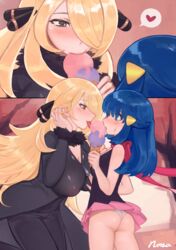 2girls ass blonde_hair blue_eyes blue_hair blush cynthia_(pokemon) dawn_(pokemon) female female_only ice_cream long_hair nintendo norza panties pokemon pokemon_dppt skirt spoken_heart thick_thighs thighs tight rating:Questionable score:244 user:Bikuta69