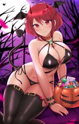 1girls 2:3 bag bare_shoulders bat_wings belly big_breasts black_bra black_nails black_panties black_tail black_thighhighs black_wings blush bra breasts candy choker cleavage clothing condom detailed_background digital_media_(artwork) earrings eyebrows_visible_through_hair eyelashes female female_only fence full_moon hair hair_ornament halloween halloween_costume head_wings hi_res horns kaos_art lace-trimmed_panties large_breasts latex legs_together letter light-skinned_female light_skin lingerie looking_at_viewer markings monster_girl nail_polish navel night nintendo nipple_bulge outdoors outside panties pyra red_eyes red_hair red_horns shiny_skin short_hair sitting smile smiling smiling_at_viewer succubus tail thick_thighs thighhighs thighs thorns tight_clothing tree watermark wide_hips wings wristband xenoblade_(series) xenoblade_chronicles_2 rating:Explicit score:278 user:Slimey_