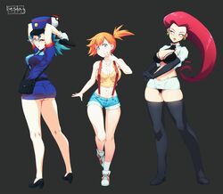 3girls alternate_version_available ass asymmetrical_hair bare_arms blue_eyes blue_hair blush breasts creatures_(company) eyelashes female female_only game_freak gen_1_pokemon green_eyes gun hair_tie highres holding huge_ass huge_breasts jessie_(pokemon) kasumi_(pokemon) large_breasts legs liesday long_hair misty_(pokemon) multiple_girls navel nintendo nipples officer_jenny_(pokemon) orange_hair poke_ball pokemon pokemon_(anime) pokemon_(classic_anime) pokemon_(game) pokemon_rgby ponytail purple_eyes red_eyes red_hair shirt shoes short_hair short_shorts shorts side_ponytail sneakers suspenders tank_top thong tied_hair underwear weapon yellow_shirt yellow_tank_top rating:Questionable score:113 user:Misty_lover