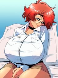 1girls bakunyuu balak bed blouse blue_eyes breasts choker eyeliner female female_only glasses highres huge_breasts lips lipstick long_sleeves looking_at_viewer makeup maxine_(balak) original original_character pillow red_hair seductive_smile shirt short_hair sitting skirt smile thick_eyebrows thick_thighs thighs white_shirt yves_bigerel rating:Explicit score:441 user:ron50