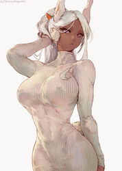 1girls absurd_res artist_name artist_signature athletic athletic_female big_breasts breasts bunny_ears bunny_girl clothing cutesexyrobutts dark-skinned_female dark_skin dress edit eyelashes female female_focus female_only front_view fully_clothed fur hair_ornament hi_res hourglass_figure huge_breasts large_breasts looking_at_viewer miruko my_hero_academia nipple_bulge nipple_piercing ponytail purple_eyes rabbit_tail rumi_usagiyama solo tail thin_waist tight_clothing tight_dress tight_fit upscaled watermark white_background white_fur white_hair wide_hips rating:Explicit score:736 user:Myth47