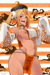 :d bare_shoulders blonde_hair breasts butcha-u dark-skinned_female dark_skin detached_sleeves earrings female hat highres hooters jewelry jiangshi_costume looking_at_viewer md5_mismatch navel nipples qing_guanmao red_eyes smile solo teeth twintails rating:Questionable score:186 user:masternoobcake