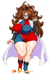 android_21 android_21_(human) belly_button black_nail_polish black_nails blue_eyes brown_hair bunkwizard dragon_ball dragon_ball_fighterz dragon_ball_super dragon_ball_z dress earrings erect_nipples erect_nipples_under_clothes glasses heel_boots hoop_earrings horny huge_breasts labcoat long_hair looking_at_viewer married_woman microskirt milf nail_polish plump skindentation smirk socks steaming_body sweat sweating thick_thighs venus_body wedding_band wedding_ring wide_hips rating:Questionable score:229 user:bunkwizard