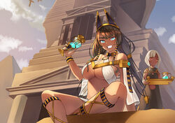 2girls bare_midriff bare_shoulders barefoot black_hair blue_eyes bracelet bracelets bright_eyes dark-skinned_female dark_skin egyptian egyptian_clothes egyptian_clothing egyptian_vulture fangs female female_focus female_only glowing_eye gold_(metal) gold_jewelry headband inner_sideboob large_breasts long_hair midriff navel navel_cutout open_clothes red_eyes see-through see-through_clothing servant short_hair sitting smile sphinx standing tagme transparent_clothing water white_hair yaya_(artist) rating:Questionable score:51 user:CalZone