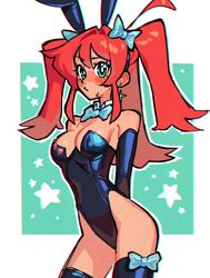 arms_behind_back blush bow bowtie breasts bunny_ears bunnysuit green_eyes kaatokunart lyra_(kaatokunart) orange_hair piercing sweatdrop thighs twintails rating:Questionable score:5 user:burkhalter34