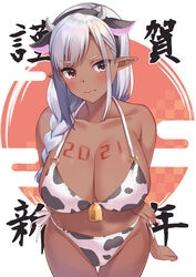 1girls 2021 animal_ears animal_print bangs bikini bikini_bottom bikini_top blush body_writing braid breast_hold breasts brown_eyes chinese_zodiac cleavage cow_ears cow_girl cow_horns cow_print cow_print_bikini dark-skinned_female dark_elf dark_skin elf fake_animal_ears fake_horns female female_focus female_only highres horns large_breasts long_hair looking_at_viewer original pointy_ears side-tie_bikini single_braid solo solo_female super_nagoyaka swimsuit white_hair year_of_the_ox rating:Questionable score:67 user:St1rolvamp3ler