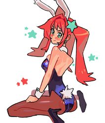 accessory ass ass_focus back blush breasts bunny_ears bunny_tail bunnysuit green_eyes kaatokunart looking_at_viewer looking_back lyra_(kaatokunart) oc orange_hair smile star thighs twintails rating:Questionable score:4 user:burkhalter34