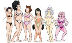 animal_ears anthro bat_girl bikini black_hair blank_background breasts brown_hair cat_ears catgirl cleavage collar cow_girl cow_horns cow_pattern cow_pattern_bikini cow_print cow_print_bikini feet female female_only frog_girl green_hair kyoka_jiro mina_ashido momo_yaoyorozu multiple_girls my_hero_academia ochako_uraraka patially_clothed pig_girl pig_nose pink_hair pink_skin png spiral_snail string_bikini tooru_hagakure tooru_hagakure_(visible) tsuyu_asui white_background rating:Questionable score:15 user:Spiral_Snail